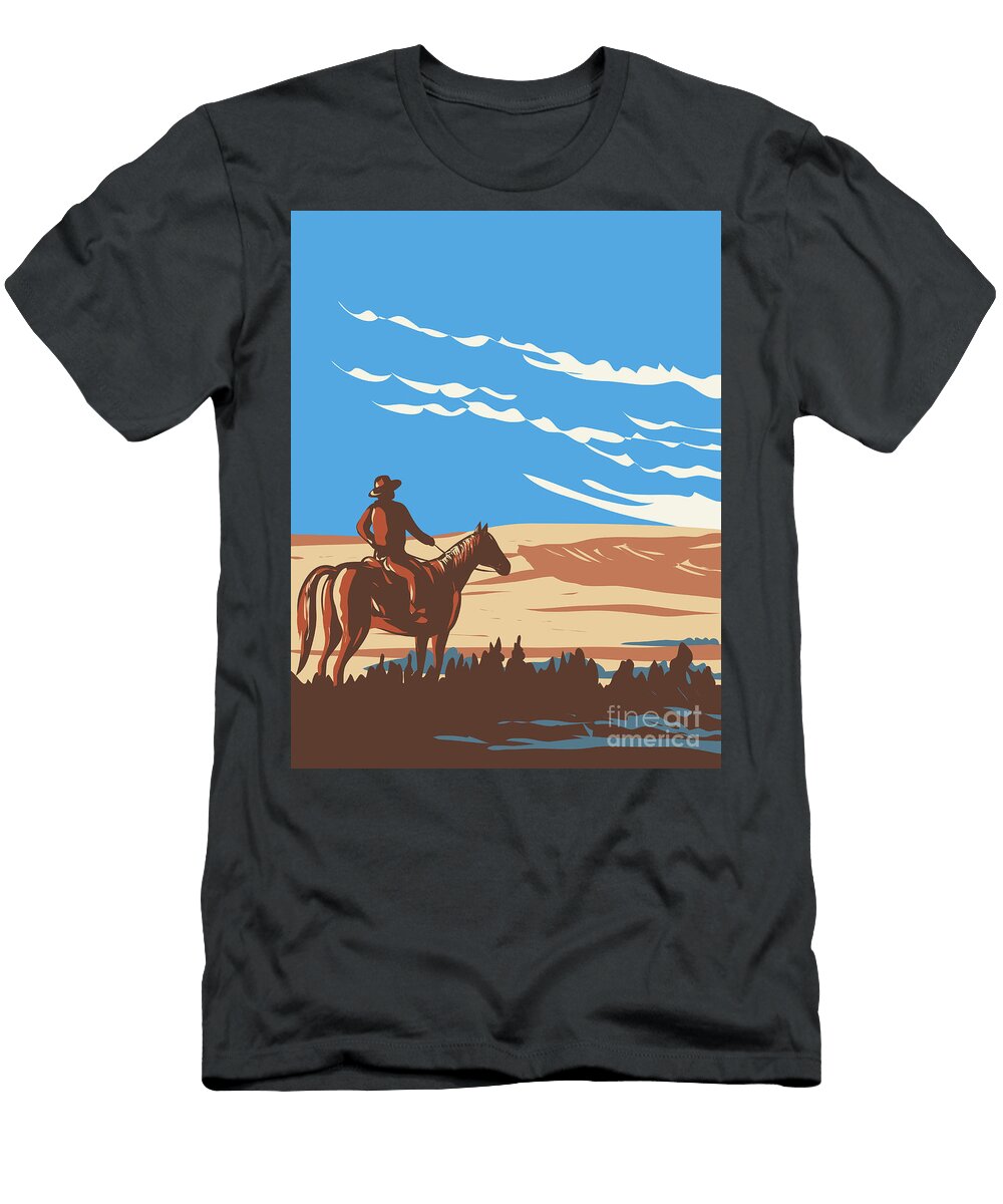 Cowboy and Horse At West Block of Grasslands National Park in Saskatchewan Canada Wpa Poster Art Aloysius Patrimonio T-Shirt