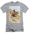 Cowboy Riding on a Bronco or Bronc in the Western Plains Texas Arizona or New Mexico USA Colour Repruduction of a Painting By Frederic Remington American School T-Shirt