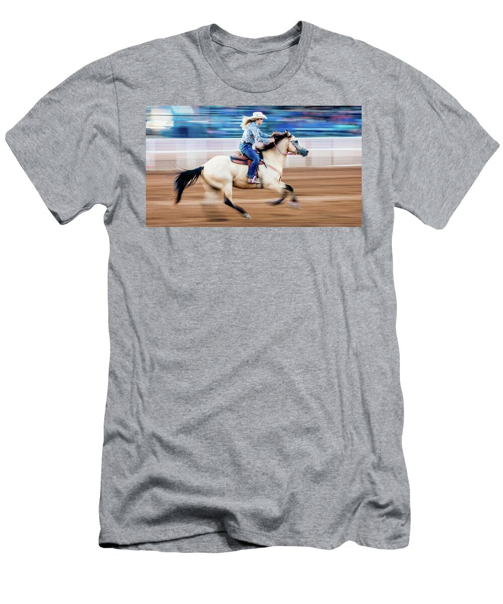 Cowgirl Rides Fast for Best Time Panoramic Images T-Shirt