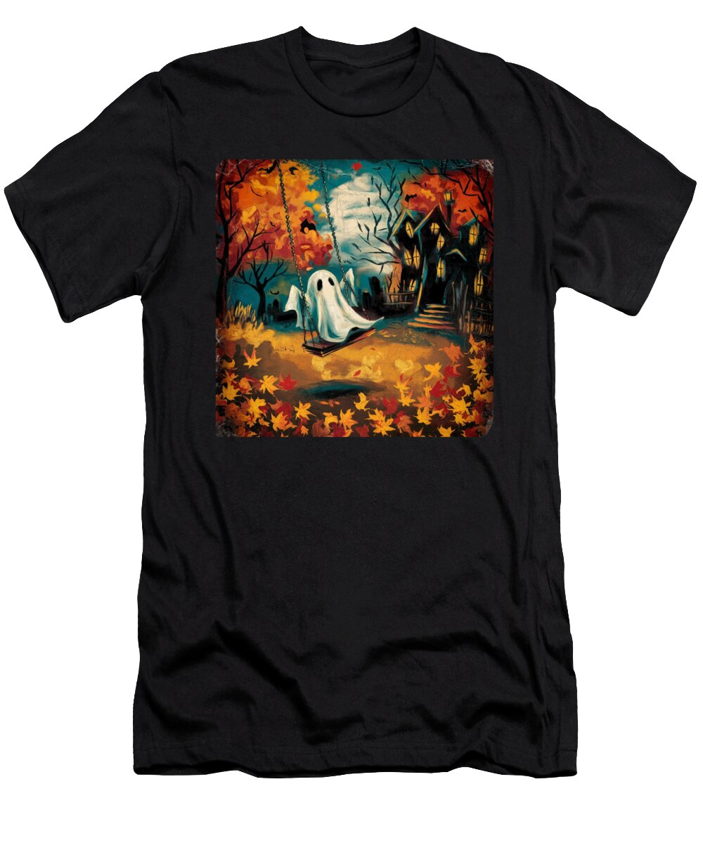 Cute Little Ghost on a Swing Halloween Fall Art in Vintage Style Anita Sara Samuel T-Shirt