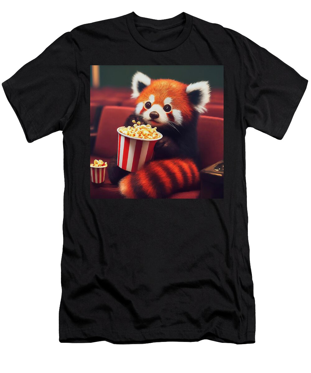 Cute Red Panda Eating Popcorn in Cozy Movie Theater Talha Khan T-Shirt
