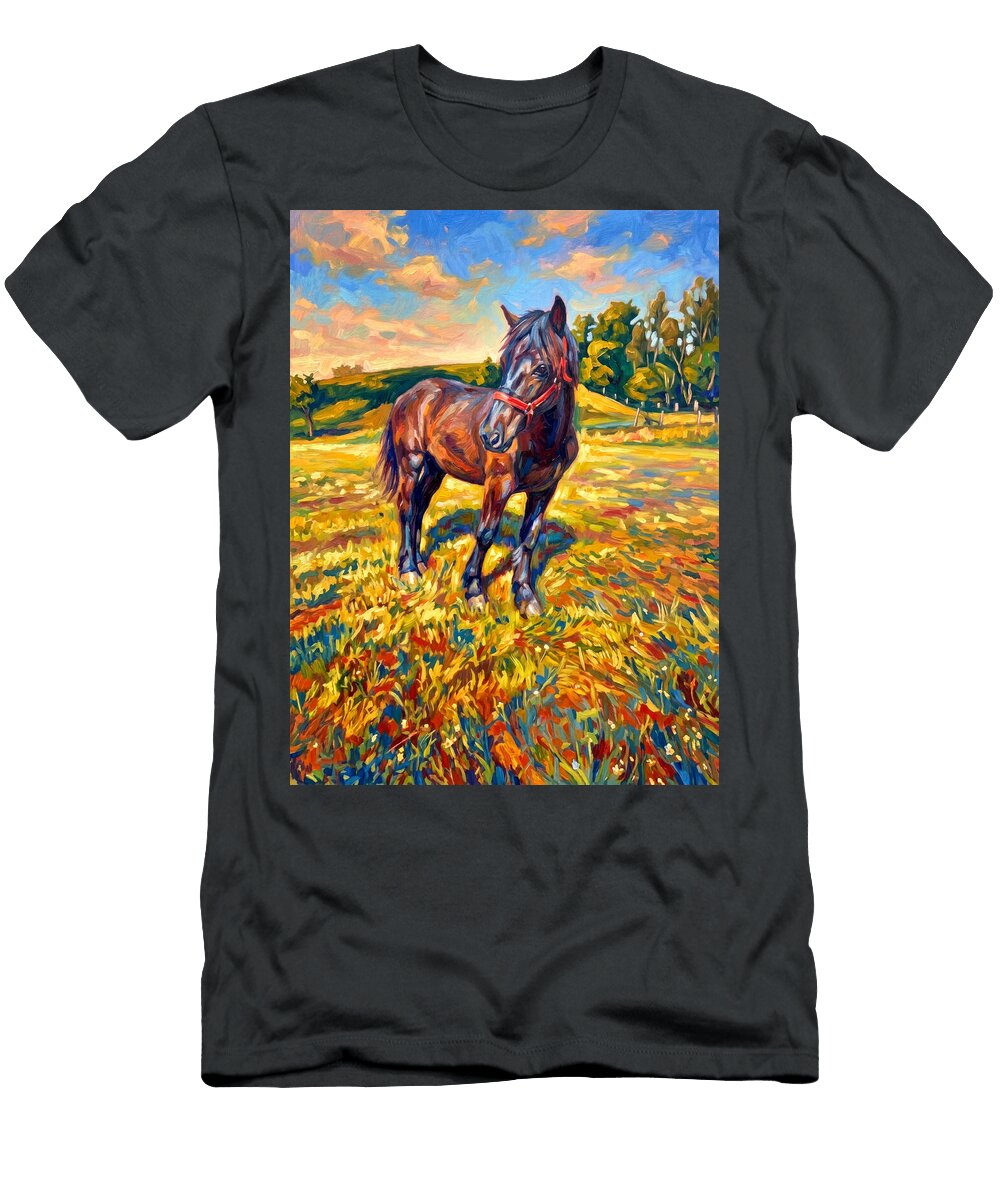 Dark Bay Yearling Horse Foal on Pasture Digital Painting Nicko Prints T-Shirt