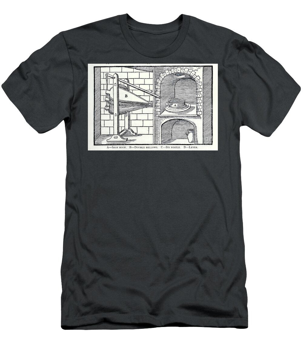 De Re Metallica Illustrating a Blast Furnace and Double Bellows At5 Historic Illustrations T-Shirt