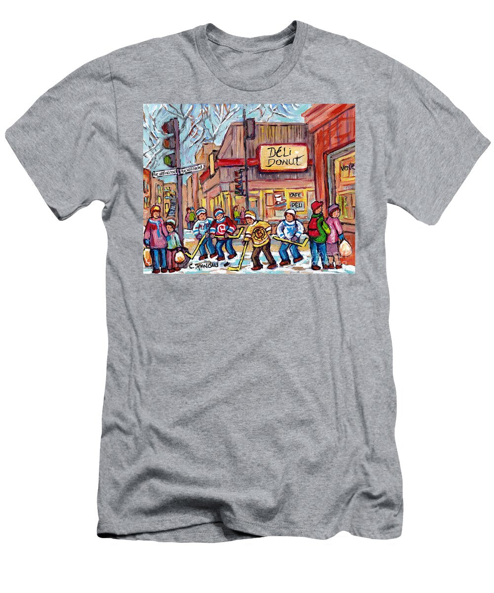 Deli Donuts Wellington and Willibrod Verdun Montreal Hockey Art Winter Scene Painting C Spandau Art Carole Spandau T-Shirt