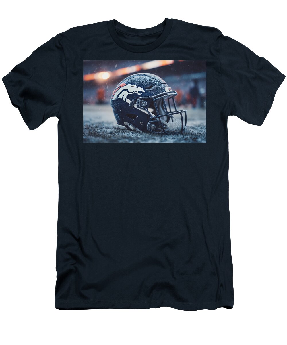 Denver Broncos Football Helmet on Field Kevin Walker and Pixel Reverie T-Shirt