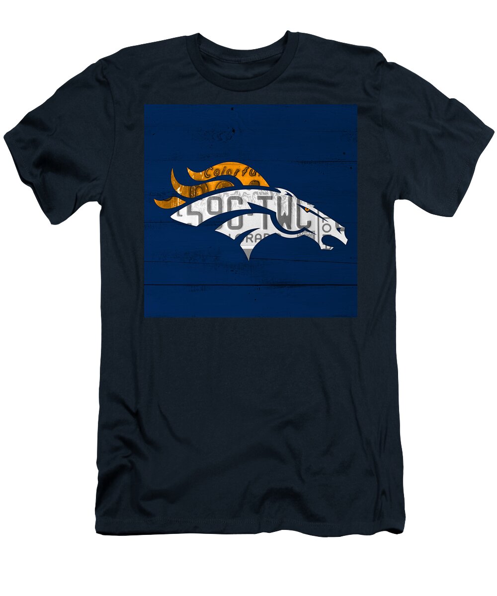 Denver Broncos Football Team Retro Logo Colorado License Plate Art Design Turnpike T-Shirt