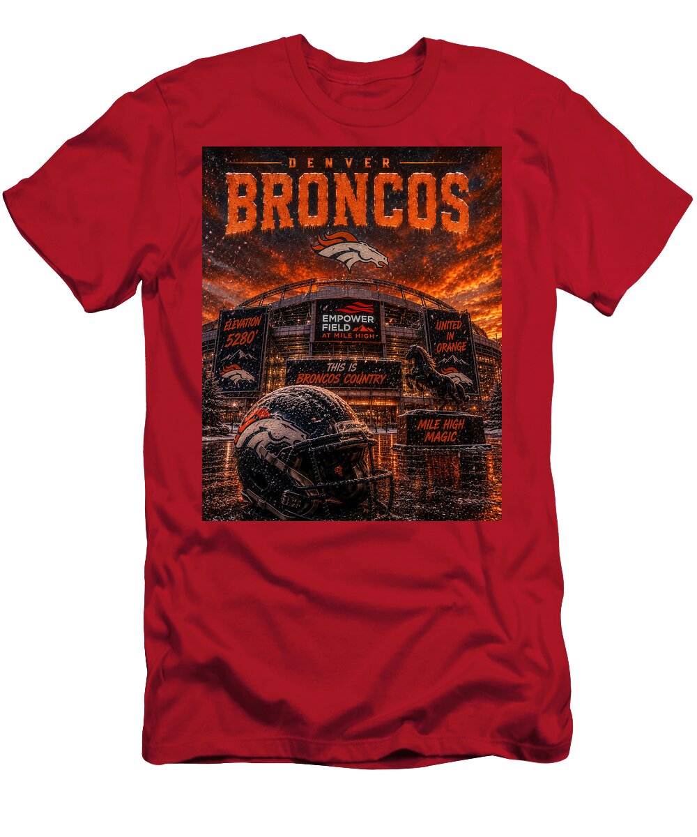 Denver Broncos Stadium At Sunset Kevin Walker and Pixel Reverie T-Shirt