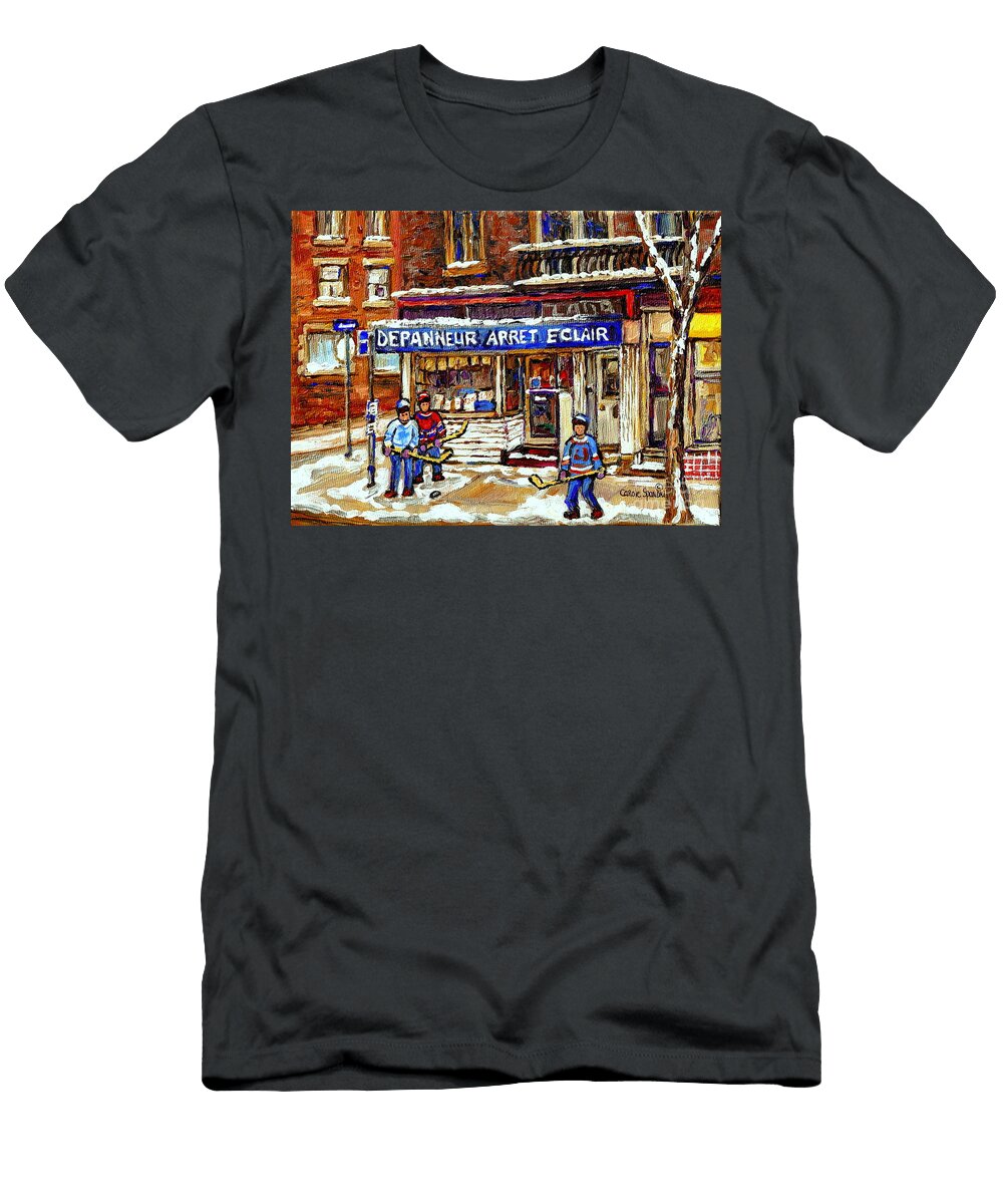 Depanneur Arret Eclair Verdun Rue Wellington Montreal Paintings Original Hockey Art Sale Commissions Carole Spandau T-Shirt