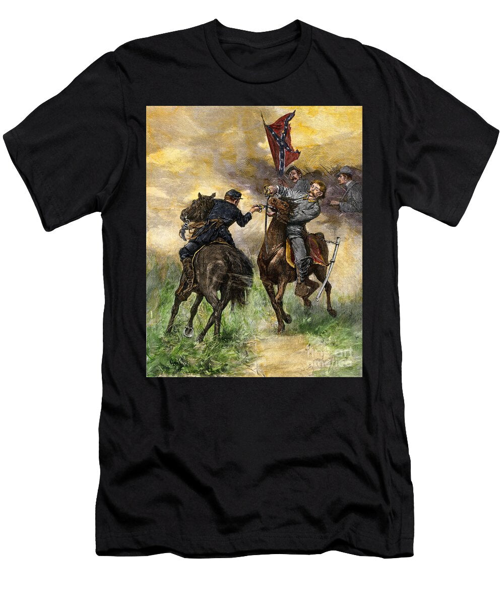 Duel of Cavalry Soldiers During the Battle of the Secession War or US Civil War 1861 1865 Colour Engraving of the 19th Century American School T-Shirt
