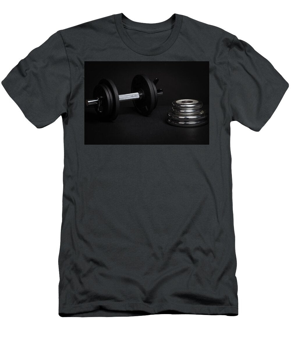 Dumbbell and Barbell Discs for Workout on Black Background Michael Dechev T-Shirt