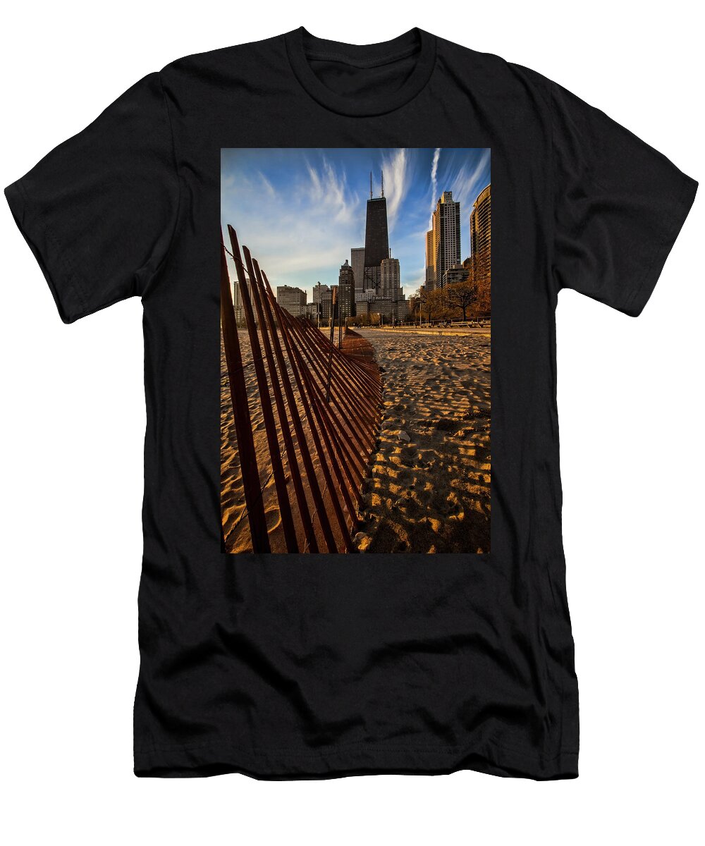Dunes Fence Leads to John Hancock Building At Sun Rise Sven Brogren T-Shirt