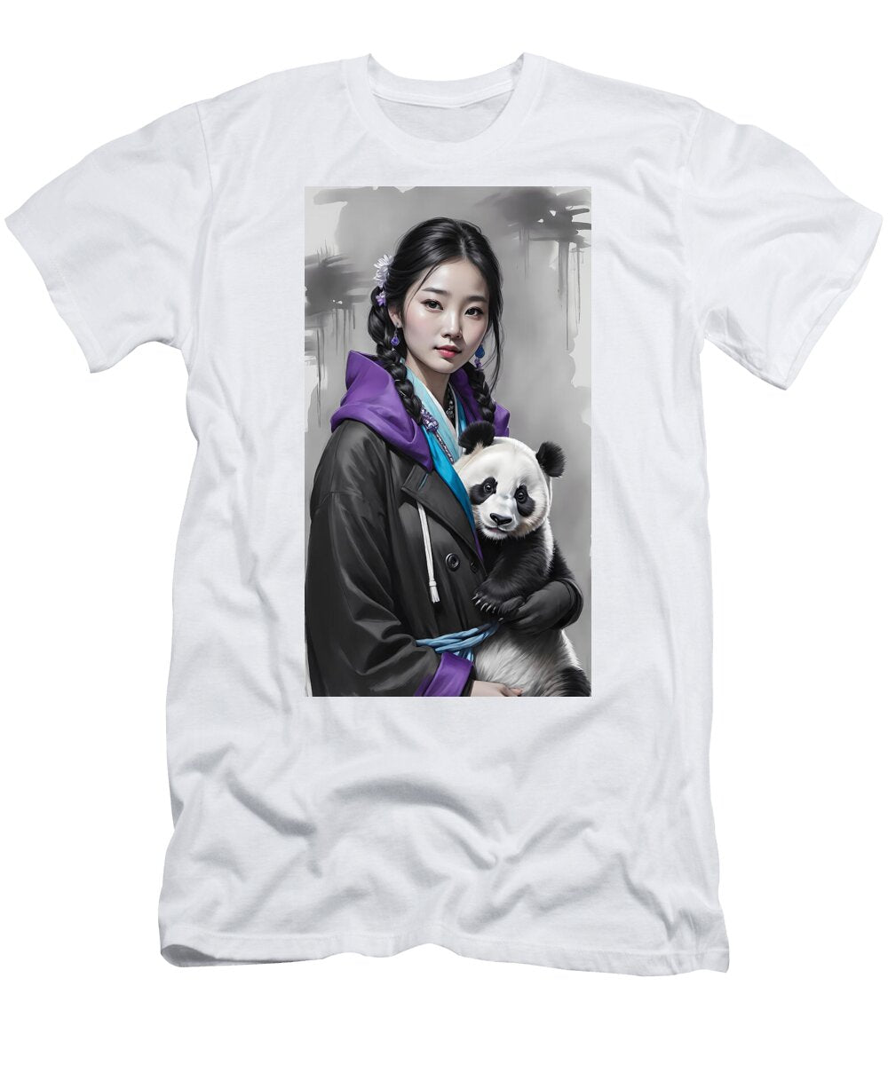 East Asian Woman in Black and Purple Coat with Panda Cub Jon Fennel T-Shirt