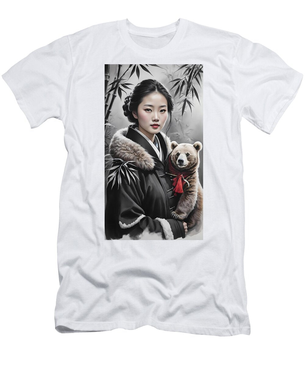 East Asian Woman in Winter Hanfu with Bear Cub and Bamboo Jon Fennel T-Shirt