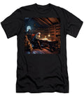 Elderly Scholar Reading in Rustic Library with Warm Lamp Light Anthony Dezenzio T-Shirt