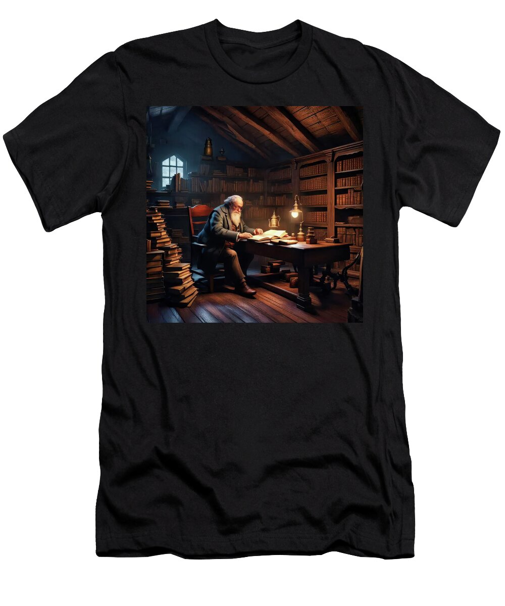 Elderly Scholar Reading in Rustic Library with Warm Lamp Light Anthony Dezenzio T-Shirt