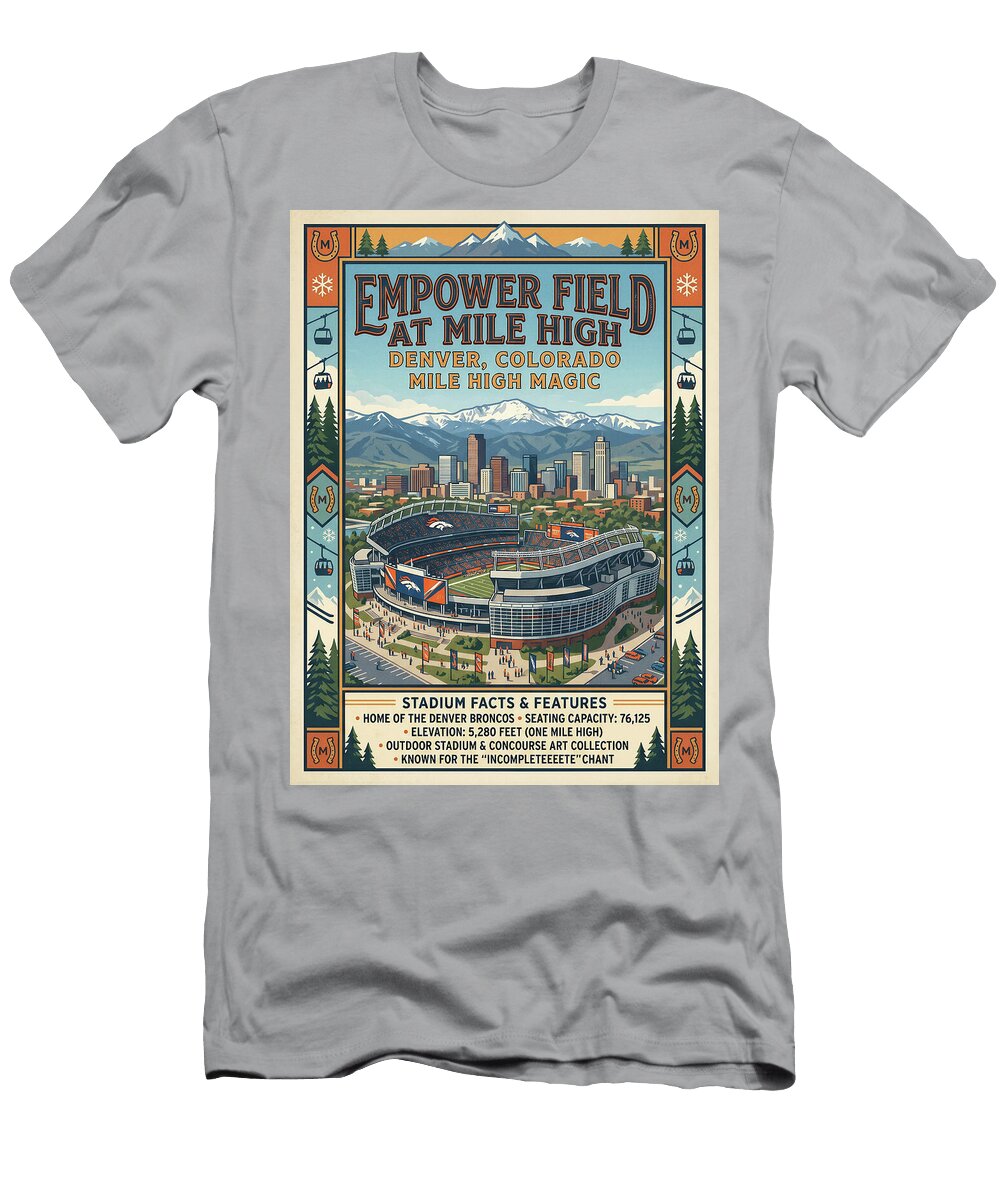 Empower Field and Denver Skyline Iconic Vintage Travel Poster Sampadart Gallery T-Shirt