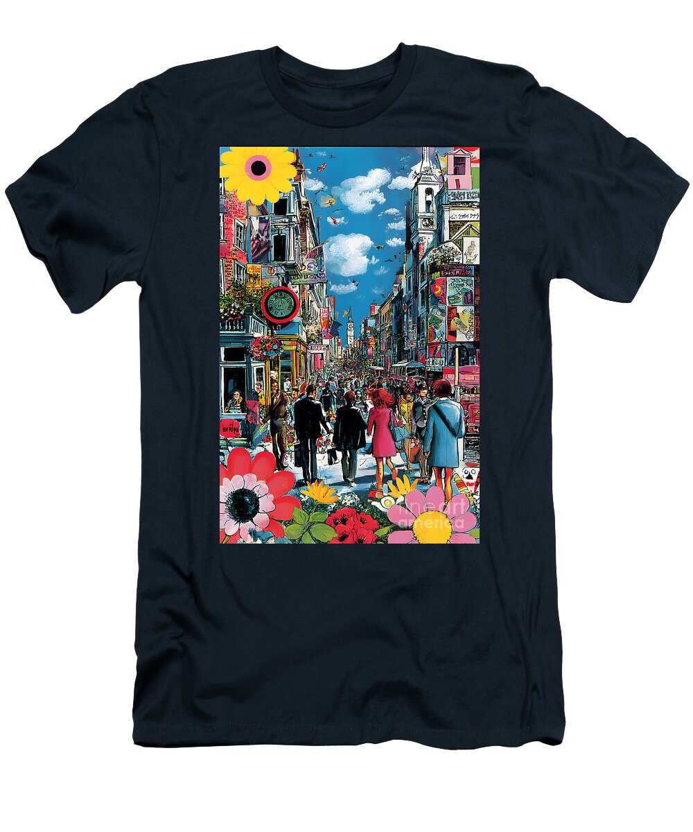 Experience the Swinging Sixties a Vibrant Abstract Celebration of London Streets Urban Energy Olfactoart Studio T-Shirt