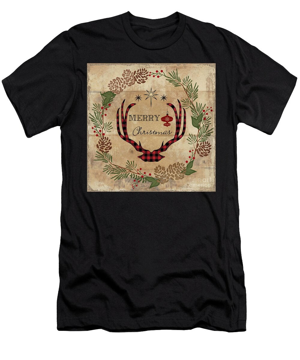Farmhouse Christmas Lodge Deer Antlers with Wreath Audrey Jeanne Roberts T-Shirt