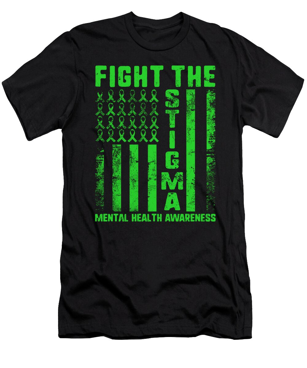 Fight the Stigma USA Flag Mental Health Disease Awareness Green Ribbons Depression Anxiety Gift Sifou Store T-Shirt
