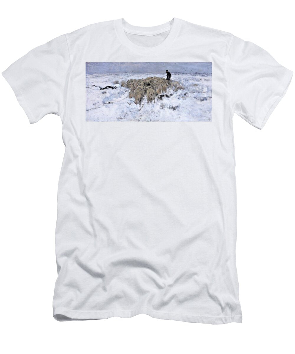 Flock of Sheep with Shepherd in the Snow Digital Remastered Edition Anton Rudolf Mauve T-Shirt