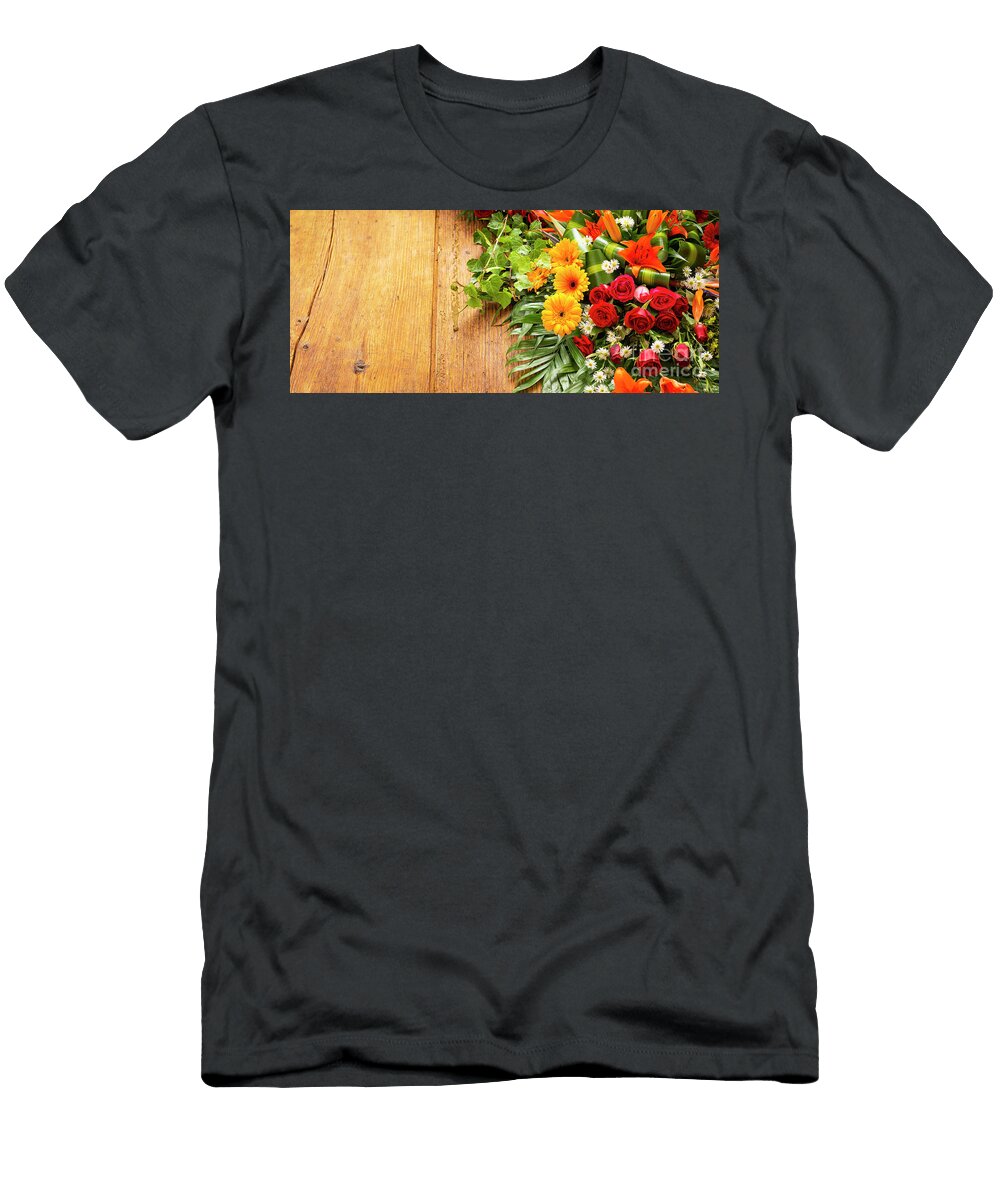 Floral Wreath on Wooden Background Thp Creative T-Shirt