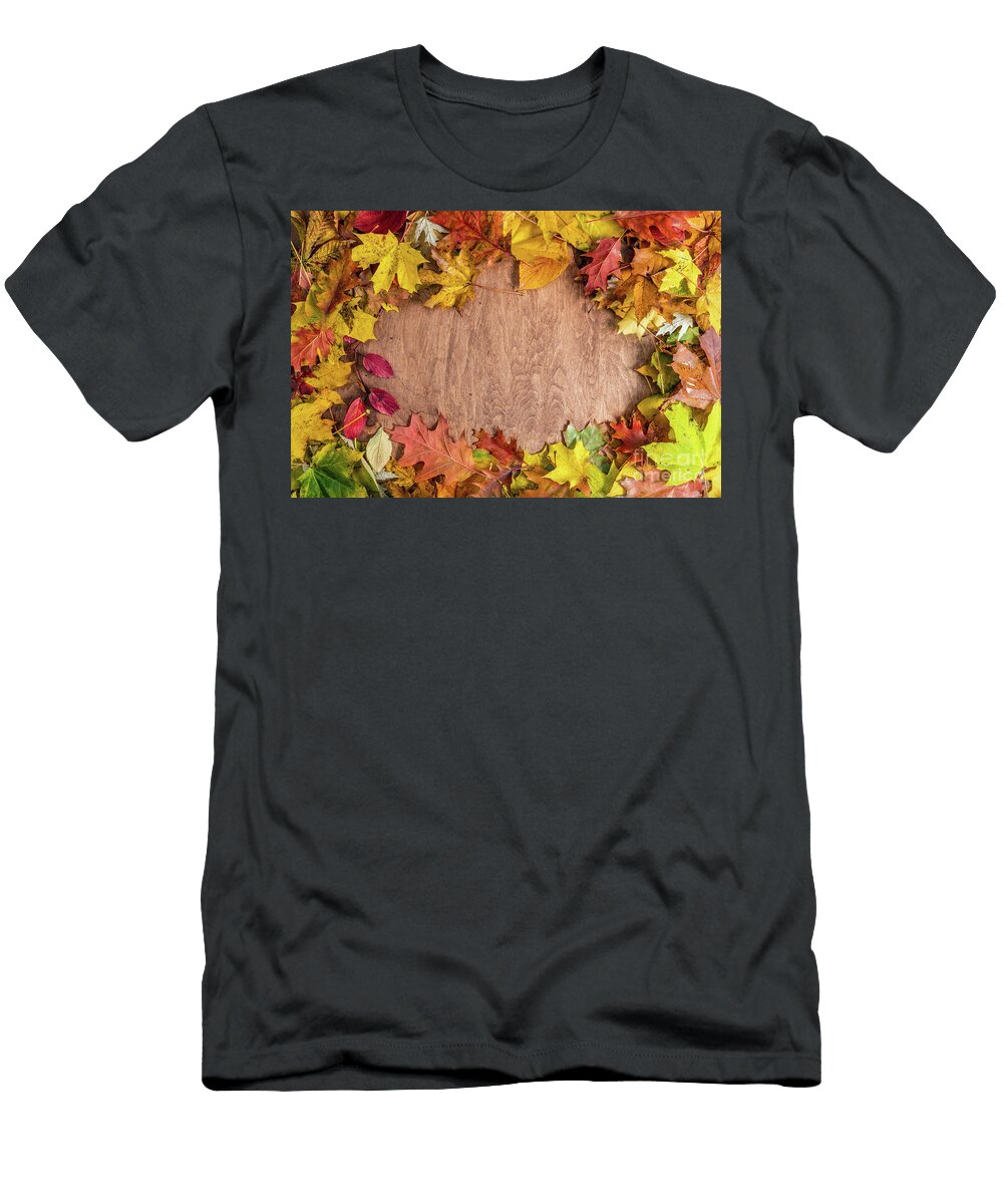 Frame Made of Fall Leaves on Wood Autumn Background Michal Bednarek T-Shirt