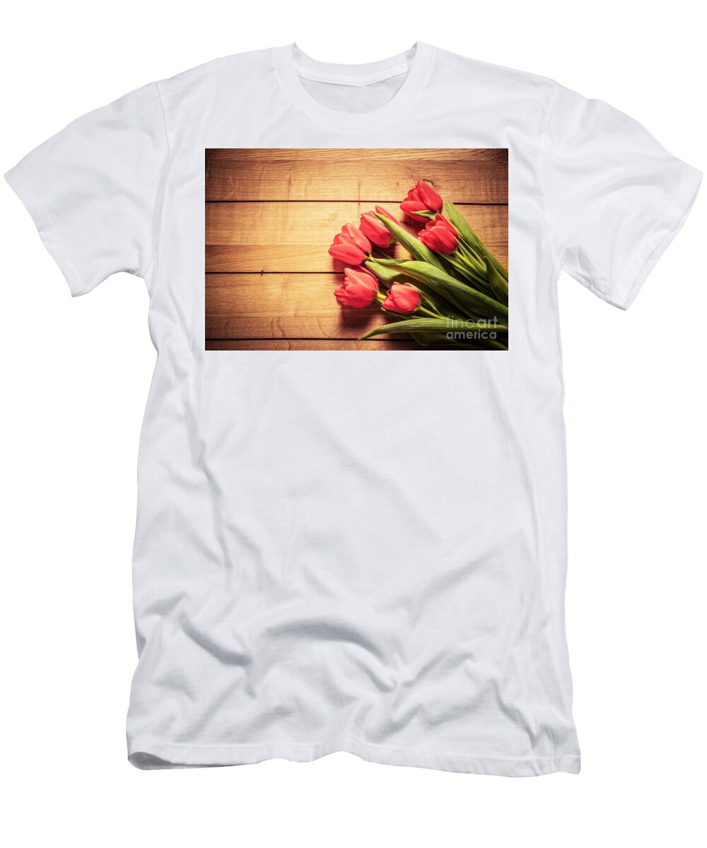 Fresh Red Tulip Flowers Bouquet on Wood Michal Bednarek T-Shirt