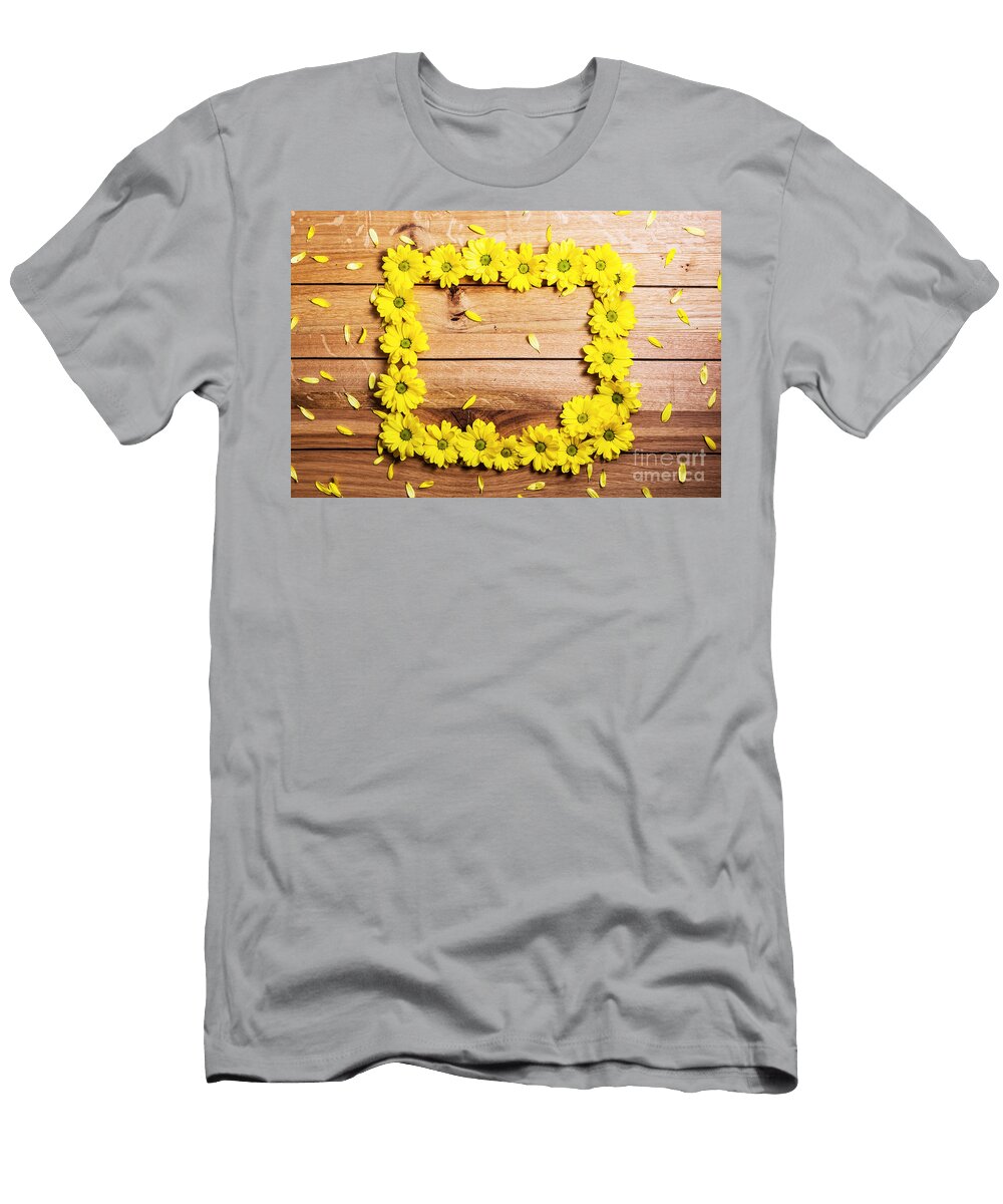 Fresh Spring Flowers and Petals Making Frame on Rustic Wood Michal Bednarek T-Shirt