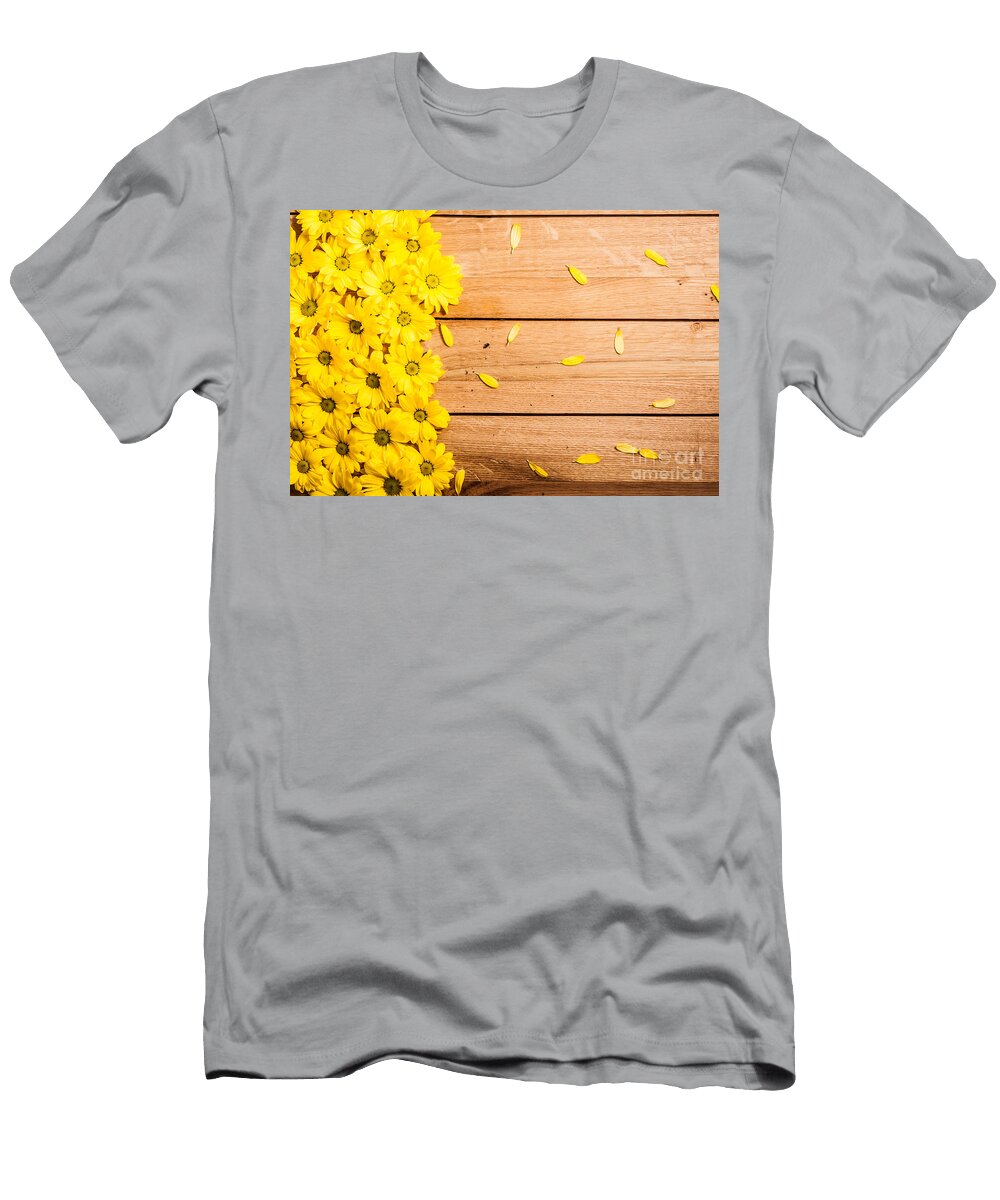 Fresh Spring Flowers and Petals on Rustic Wood Michal Bednarek T-Shirt