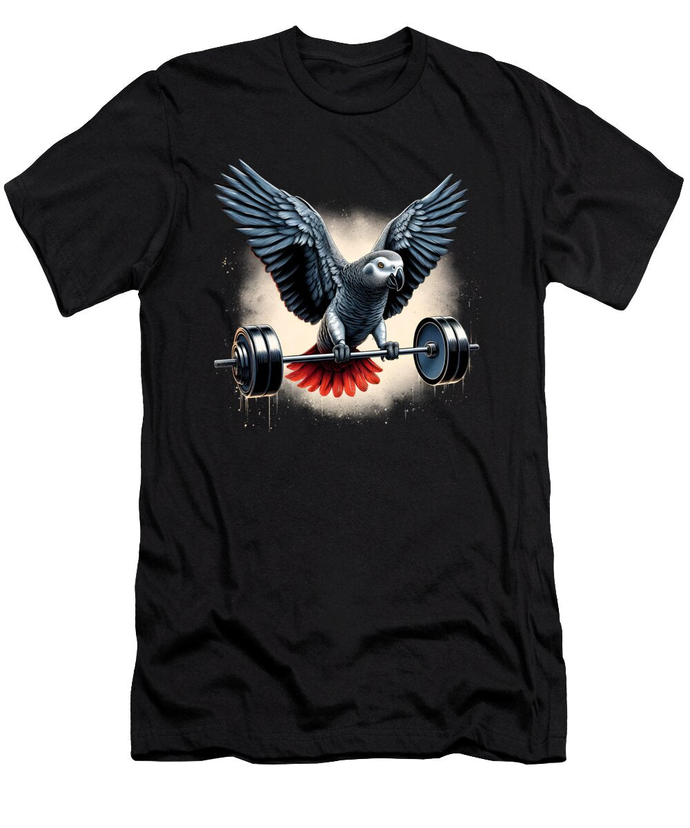 Funny African Grey Parrot Deadlift Weightlifting Fitness Gym Lover Job T-Shirt