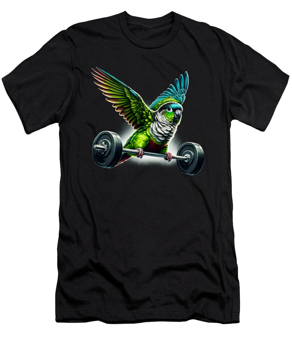 Funny Green Cheek Conure Parrot Deadlift Weightlifting Fitness Gym Lover Job T-Shirt