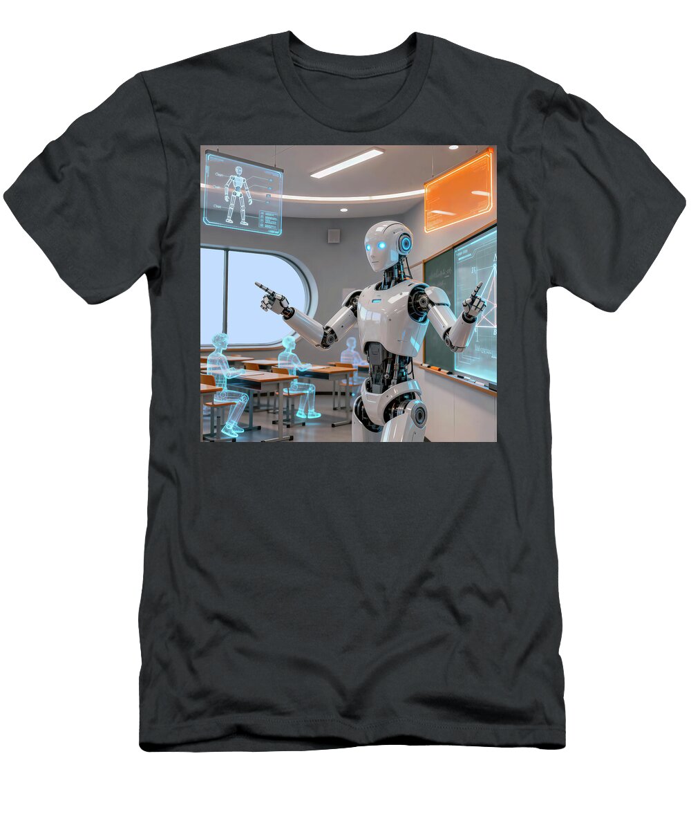 Futuristic Scene of a White Humanoid Robot Serving As a Teacher in a Modern Stylized Classroom Caporusso Vitantonio T-Shirt