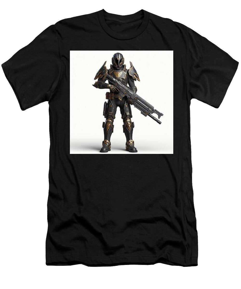Futuristic Sci Fi Soldier in Black and Gold Tactical Power Armor Talha Khan T-Shirt
