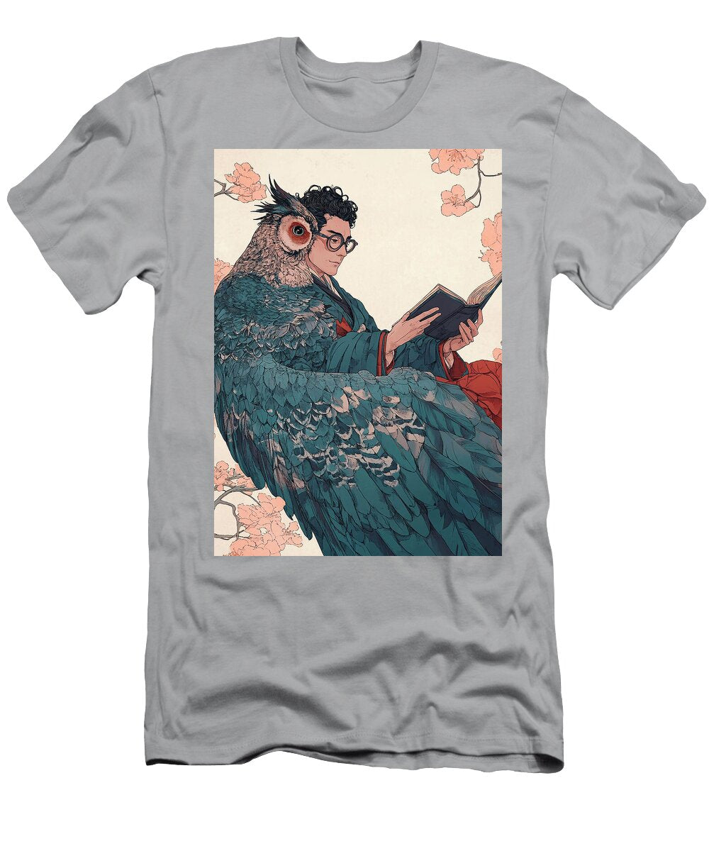 Gentle Man Reading a Book with an Owl Rhys Jacobson T-Shirt