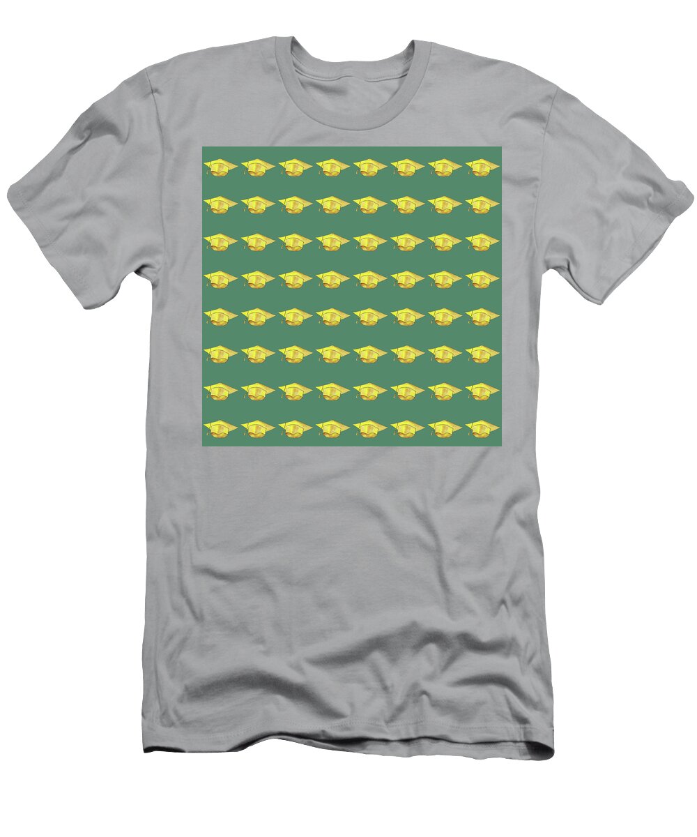 Gold Graduation Cap on Greene Pattern Iris Richardson T-Shirt