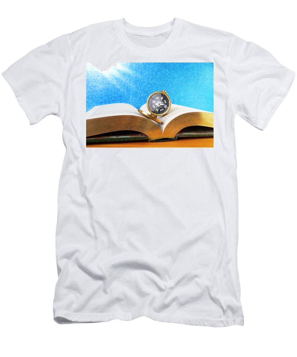 Golden Compass on a Opened Book Wooden Desk and Blue Glitter B Dorin Puha T-Shirt
