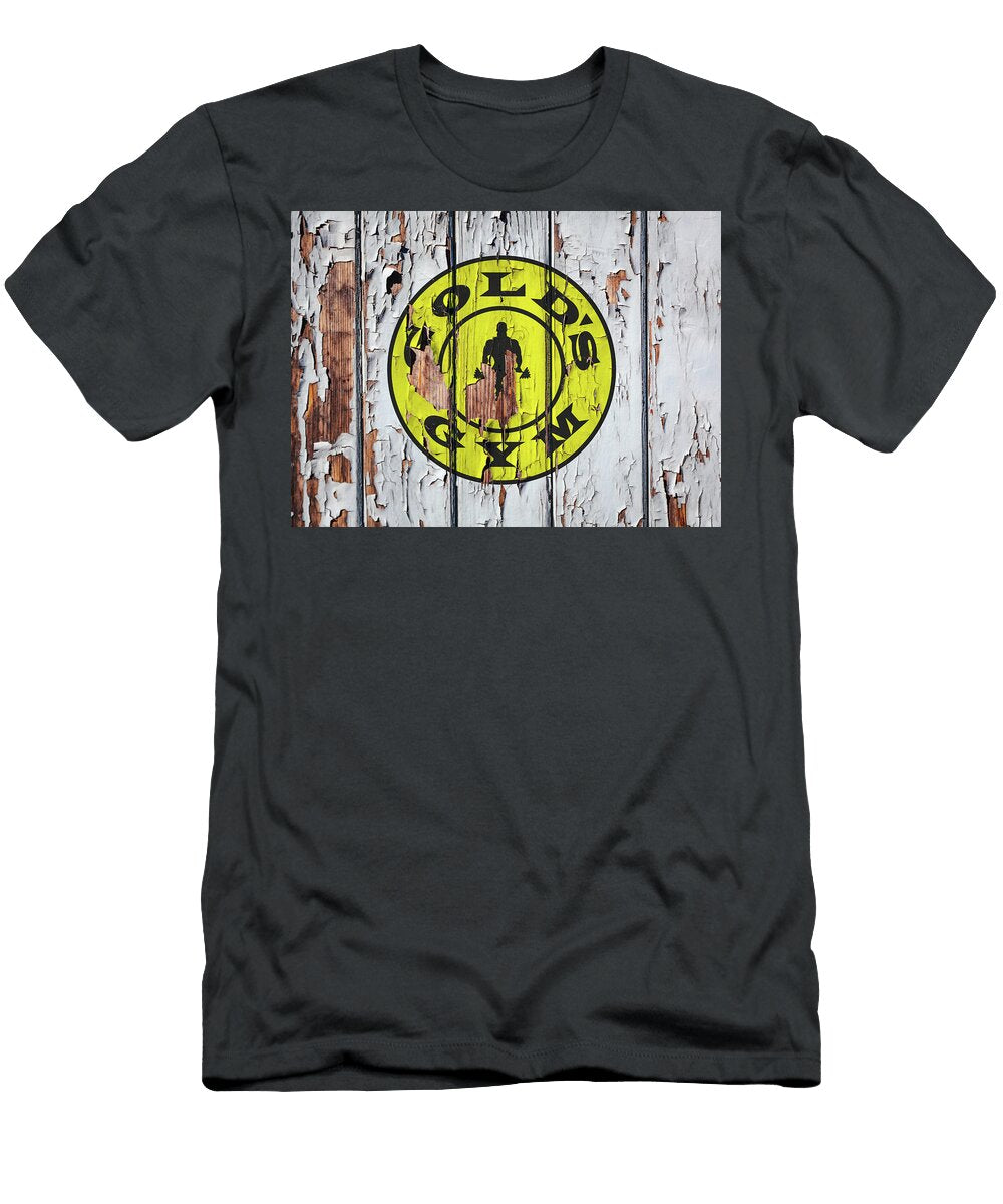 Golds Gym Vintage Logo on Peeling Paint Wood Wall Design Turnpike T-Shirt