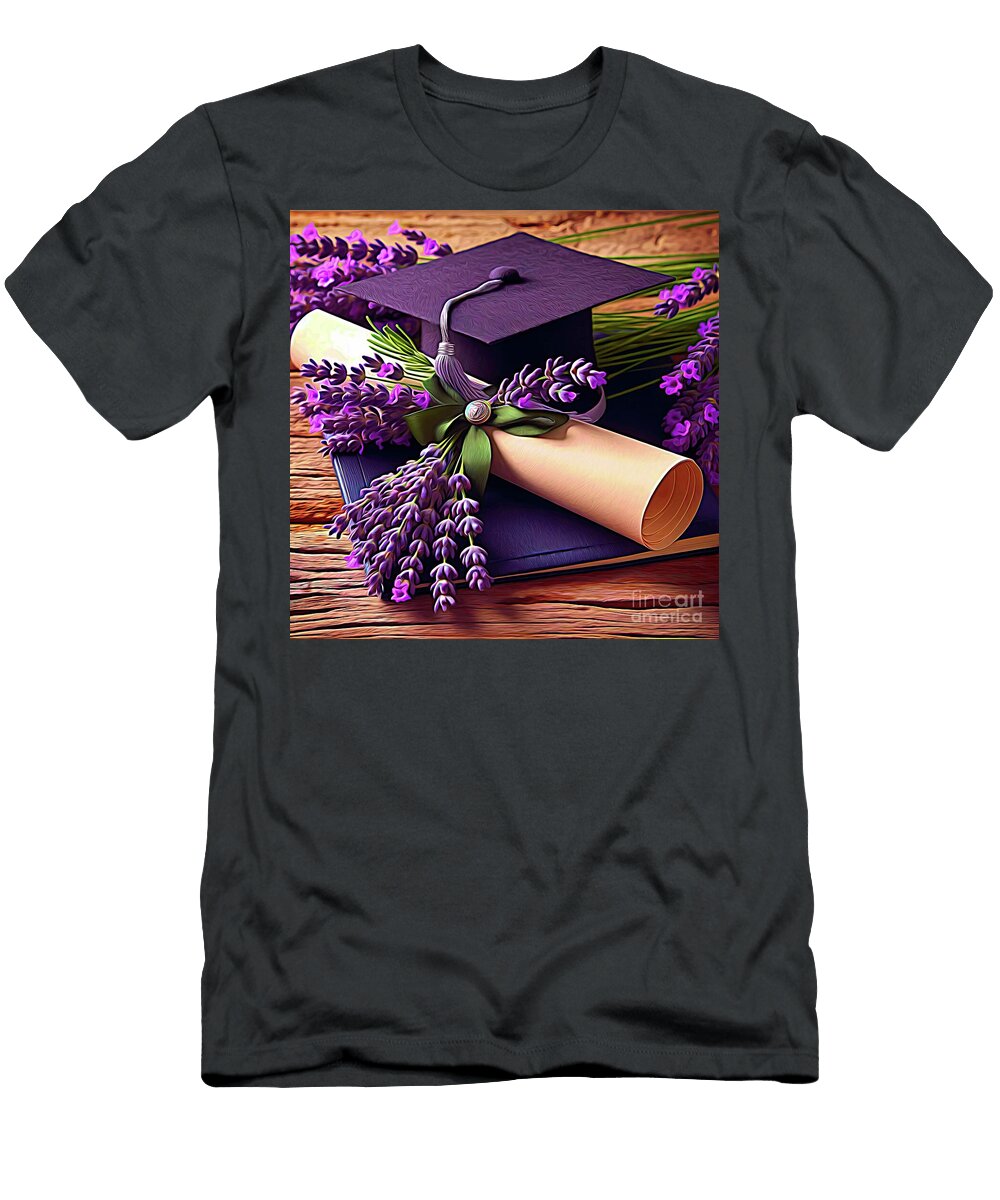 Graduation Cap and Diploma with Lavender Flowers Expressionist Effect Rose Santuci Sofranko T-Shirt