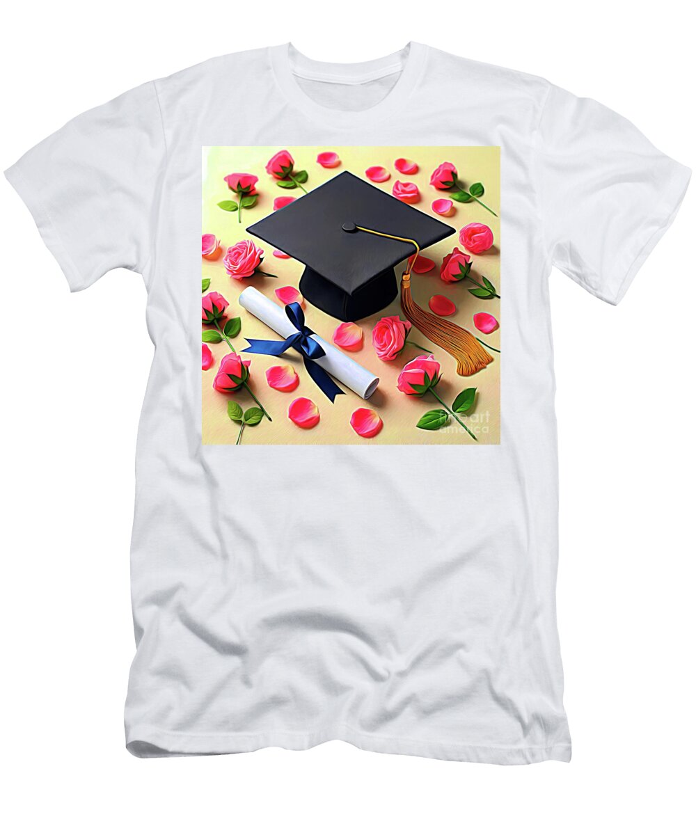 Graduation Cap and Diploma with Pink Roses Expressionist Effect Rose Santuci Sofranko T-Shirt