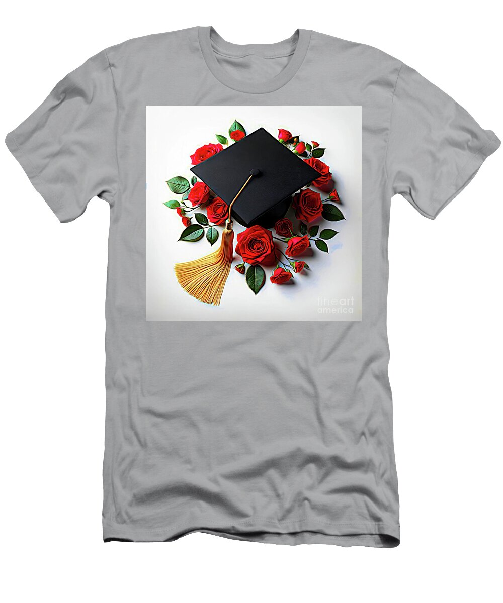 Graduation Cap and Diploma with Red Roses Expressionist Effect Rose Santuci Sofranko T-Shirt