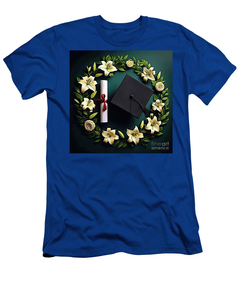 Graduation Cap and Diploma with White Lilies Expressionist Effect Rose Santuci Sofranko T-Shirt