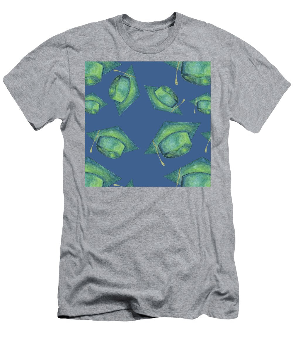 Green Graduation Cap on Blue Iris Richardson T-Shirt