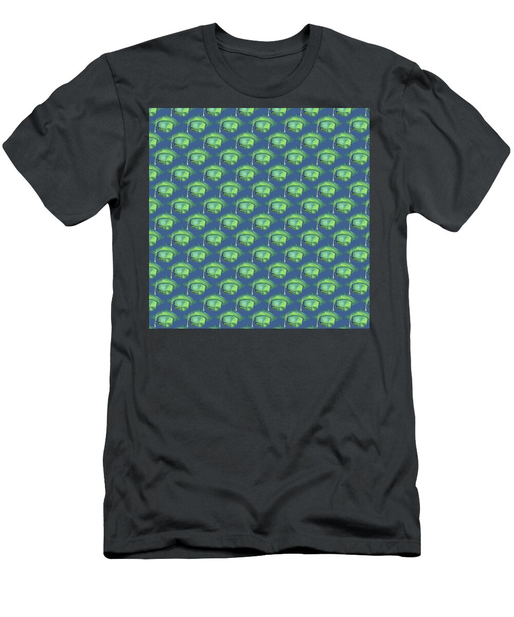 Green Graduation Cap on Blue Pattern Iris Richardson T-Shirt