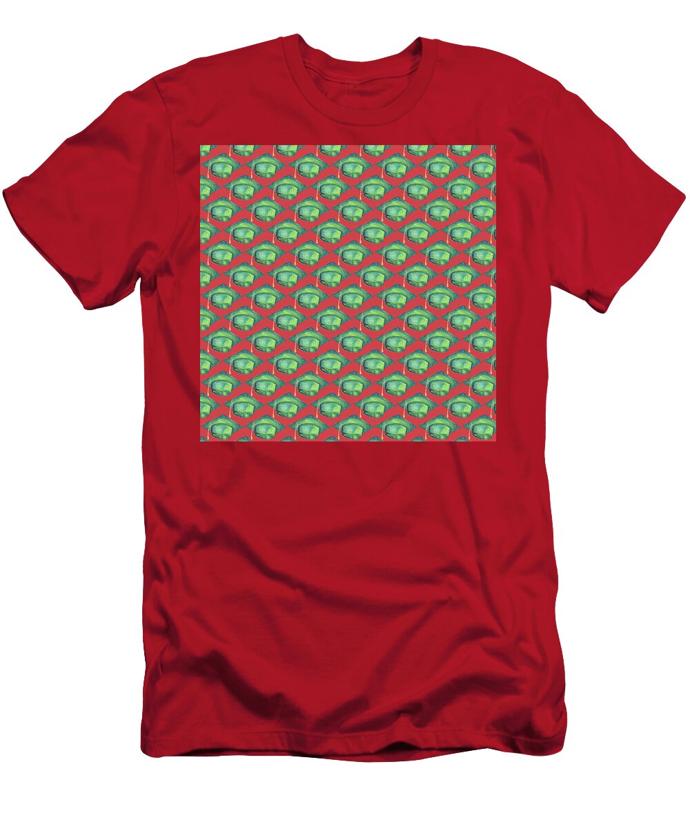 Green Graduation Cap on Red Pattern Iris Richardson T-Shirt
