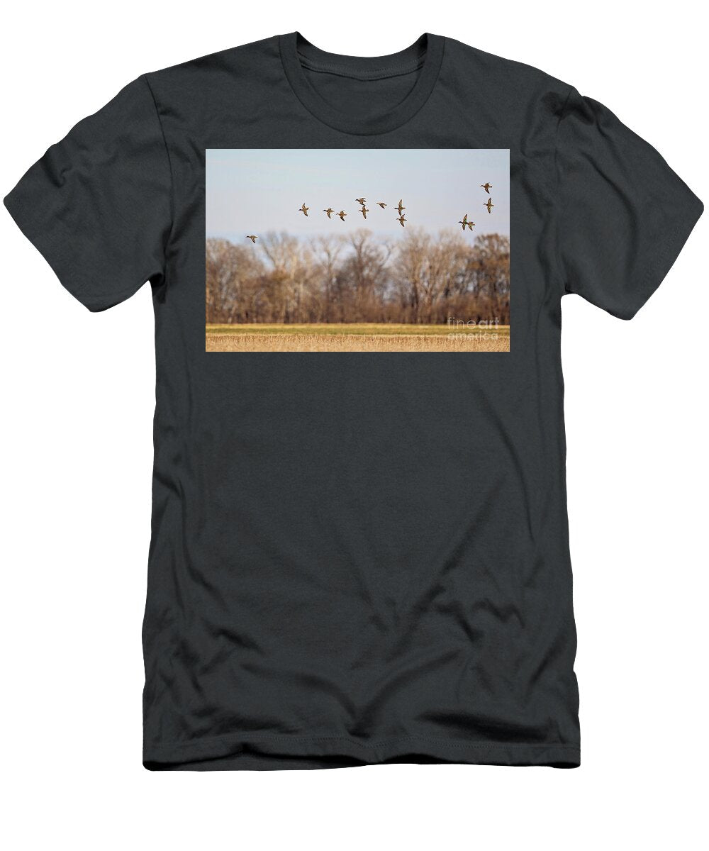 Green Wing Teal Rocketing Over the Pond Scott Pellegrin T-Shirt