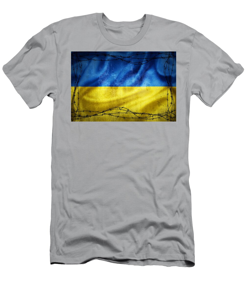 Grunge Flag of Ukraine Surrounded By Barb Wire Illustration Brch Photography T-Shirt