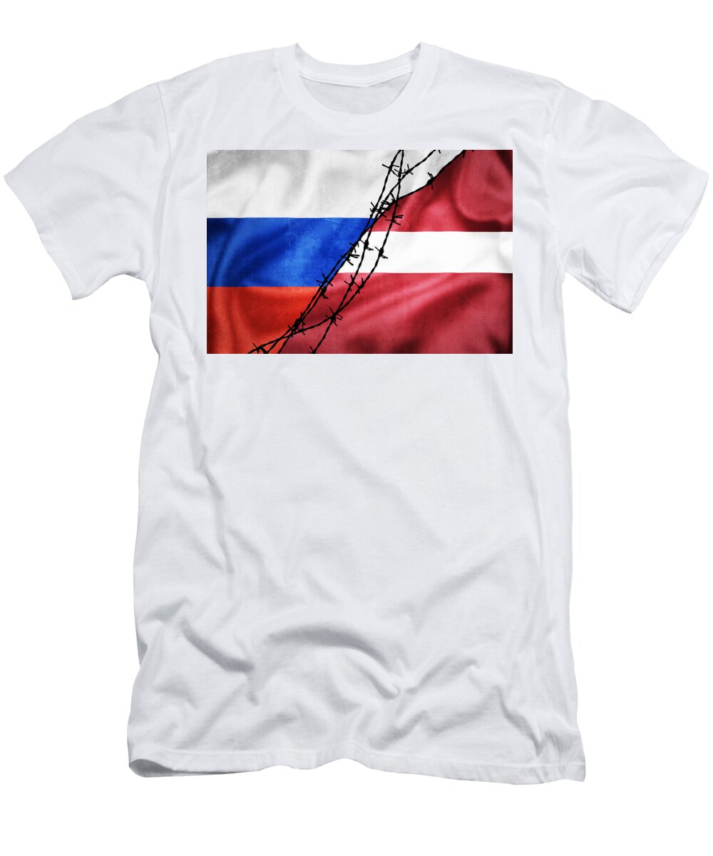 Grunge Flags of Russian Federation and Latvia Divided By Barb Wi Brch Photography T-Shirt