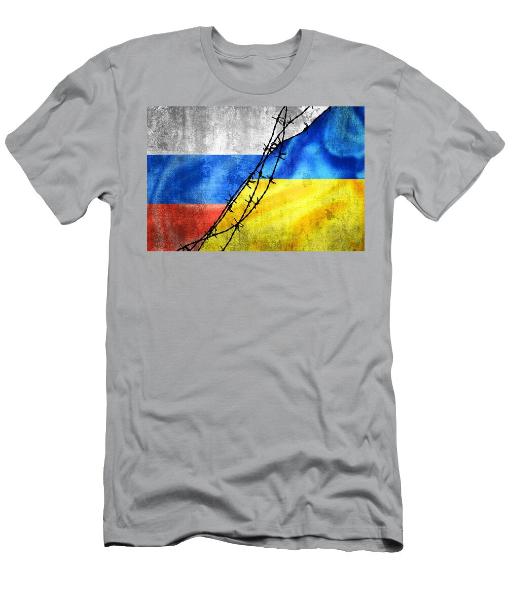 Grunge Flags of Russian Federation and Ukraine Divided By Barb W Brch Photography T-Shirt