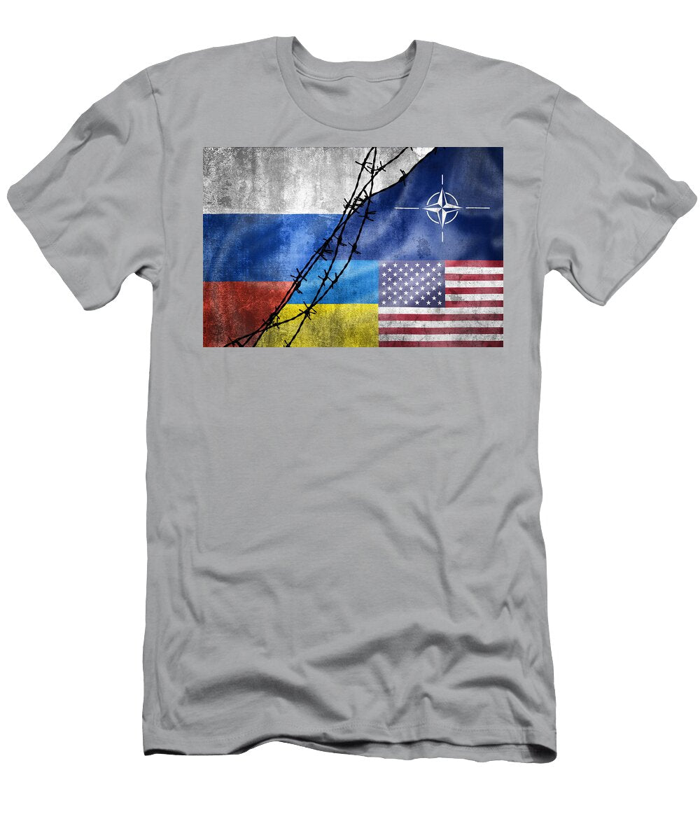 Grunge Flags of Russian Federation Nato USA and Ukraine Divide Brch Photography T-Shirt