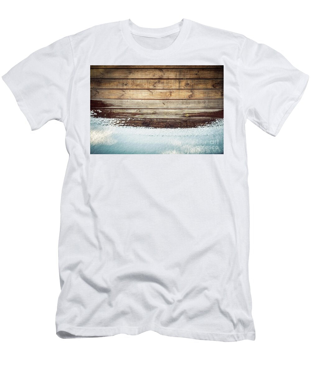 Grunge Wooden Board in Snow Winter Background Michal Bednarek T-Shirt